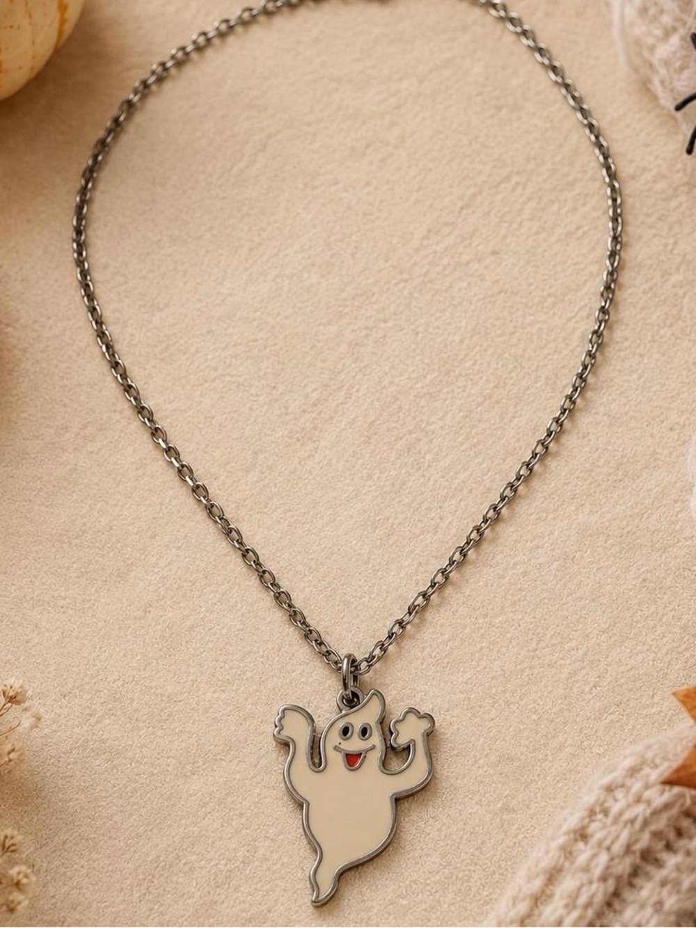 Vintage Silver Tone Cute Ghost Pendant Necklace Halloween Jewelry
